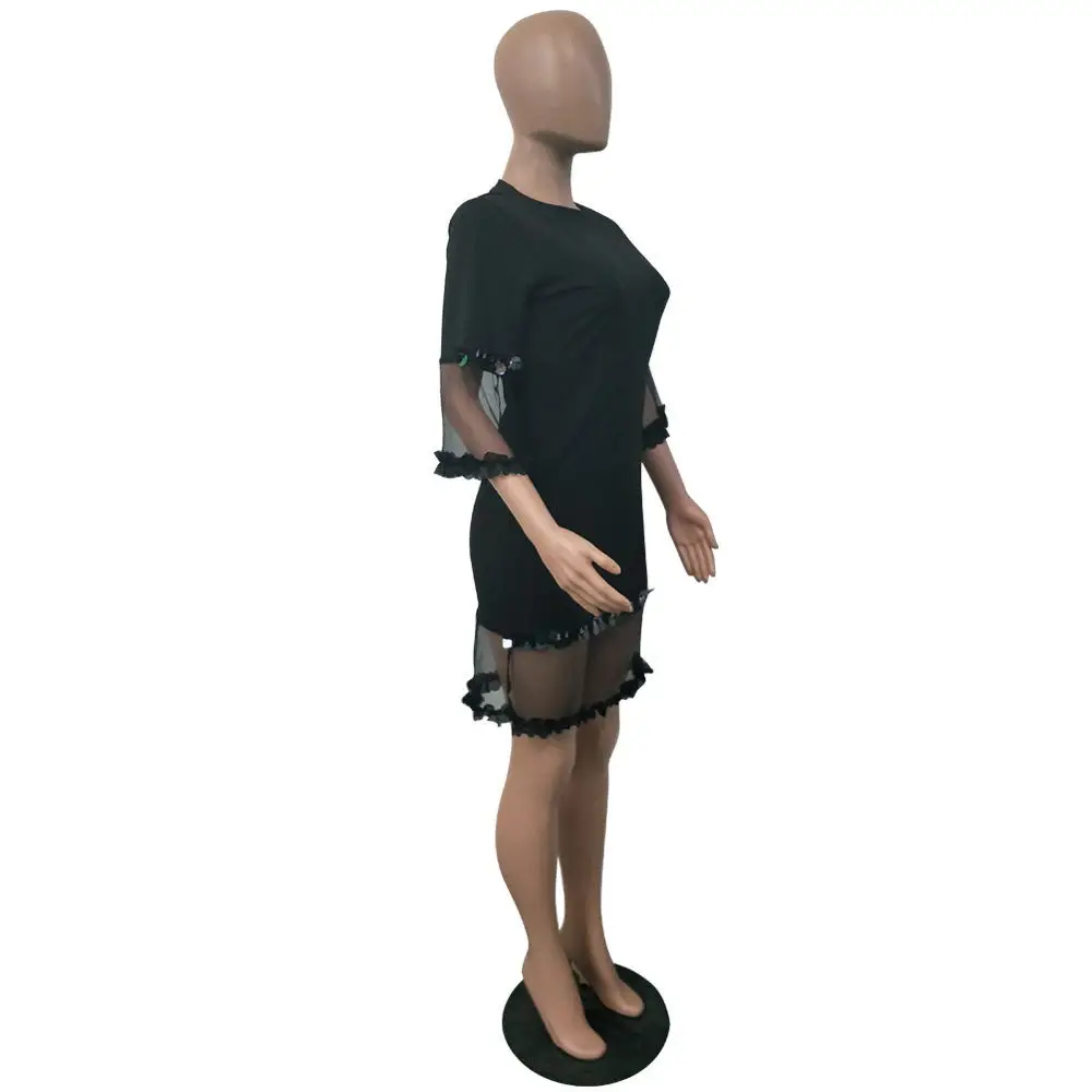 2018 Black Mesh сращивания Видеть Сквозь Сексуальное Платье Лето Половина рукава Laciness