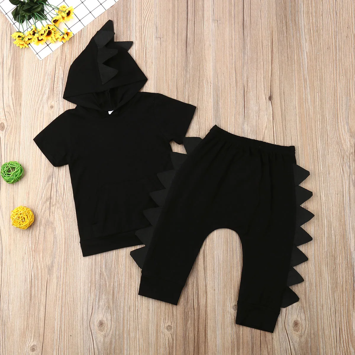 2019 Baby Summer Clothing 1-5Y Toddler Kids Boy Dinosaur Clothes Sets Black Solid Hooded Tops T-shirt Pants Trousers Outfit |