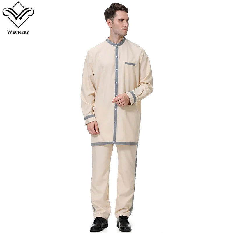 khaki Wechery S-3XL костюмы мужские Мусульманский Стиль двойка топы и штаны комплект серый белый бежевый с длинным рукавом карманом jubba thobe - Цвет: khaki