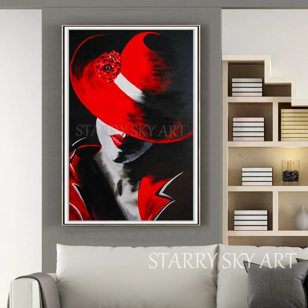 Beautiful Wall Art Fine Lady with Red Hat Oil Painting on Canvas Special Portrait for Decoration | Дом и сад