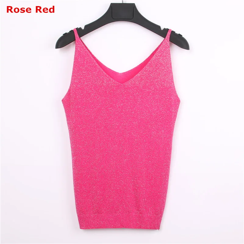 Rose Red Женская майка с люрексом, Вязанная, элегантная, облегающая, сексуальная, с открытыми плечами, безрукавка, без спинки, топ, жилет, v-образный вырез, одноцветная майка, свитер - Цвет: Rose Red