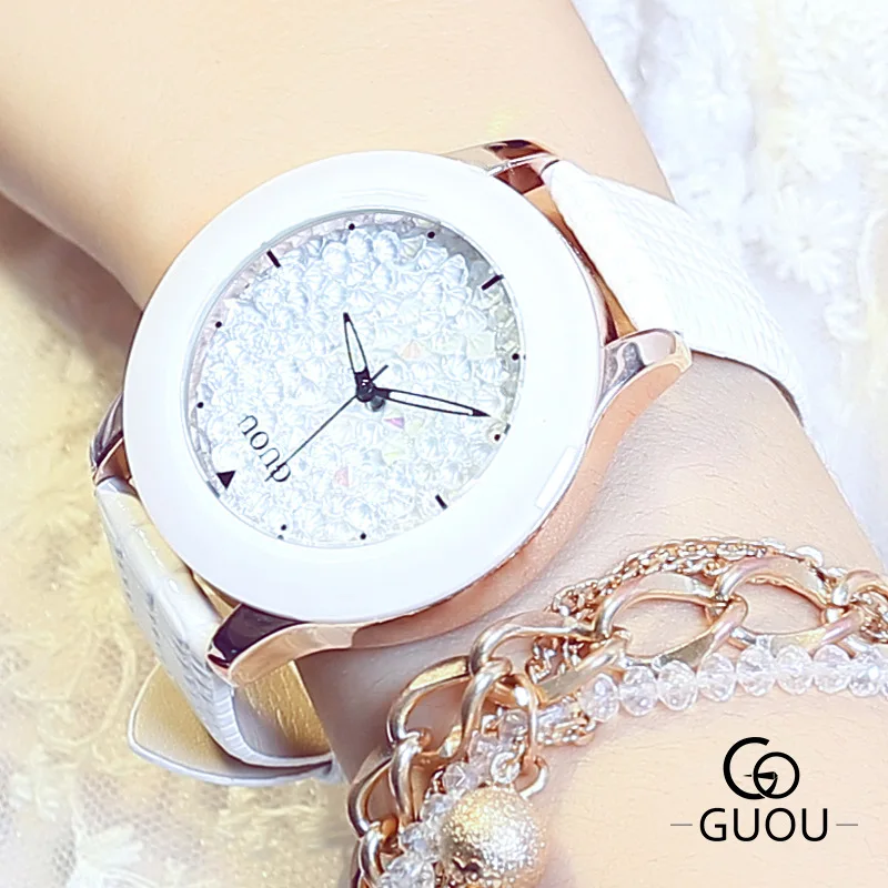 Часы GUOU женские модные кварцевые со стразами кожа | Наручные часы