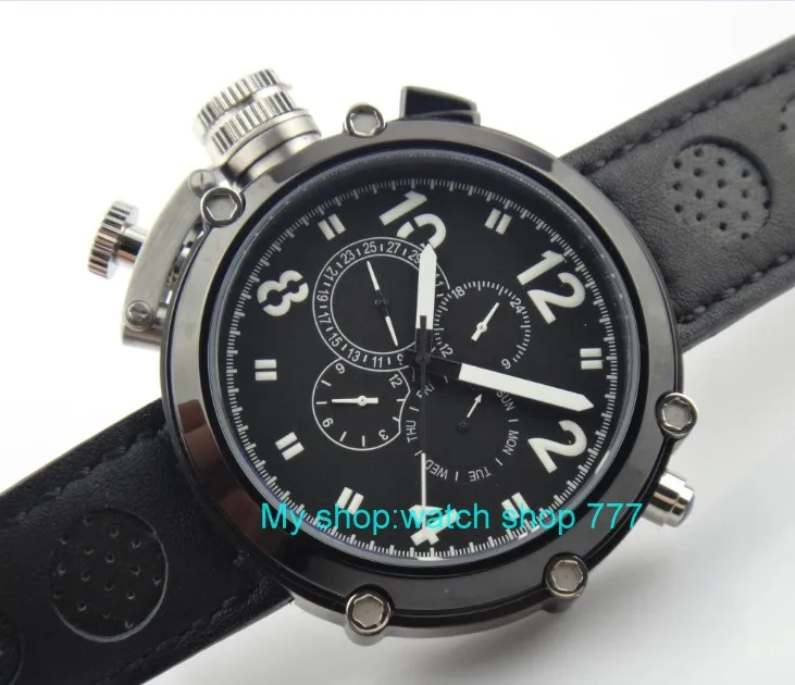 

PARNIS 50 mm big Black dial Automatic Self-Wind movement men watch leather strap Auto Date Mechanical Wristwatches 27 PVD case