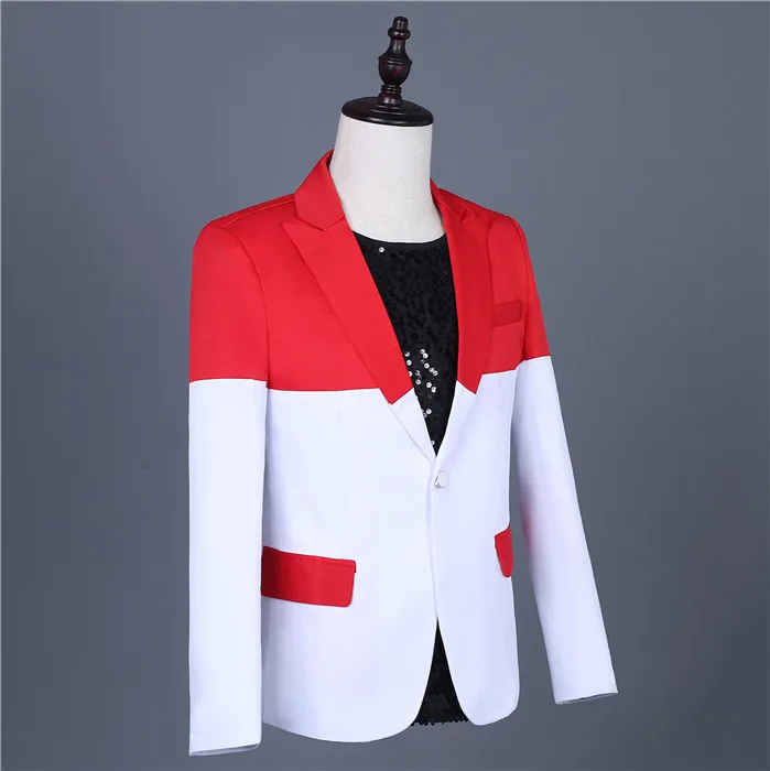 Red-White Stitching Blazers Set One Button Slim Fit Tuxedo Suit Men's Wedding Groomsmen Dress Singer Group Performance Costumes
