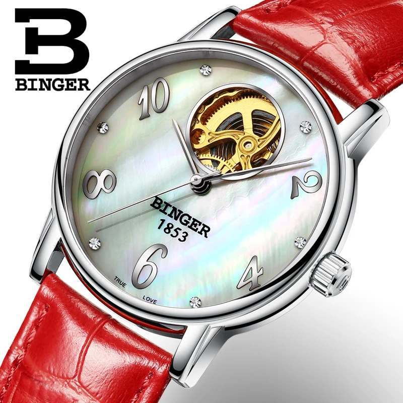 Switzerland Binger Women's watches Skeleton luxury clock leather strap auto Self-wind Tourbillon mechanical Wristwatches B553-2