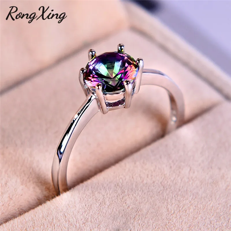 RongXing Мистик огненный Радужный камень кольца для женщин Серебряный цвет