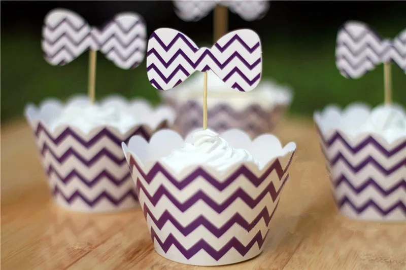 

Free Shipping purple white wave wrappers cake cups cupcake picks topper baby shower birthday party kids decorations supplies