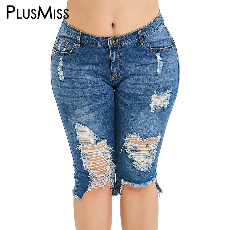 PlusMiss размера плюс 5XL рваные джинсовые по колено джинсы женские большие размеры с