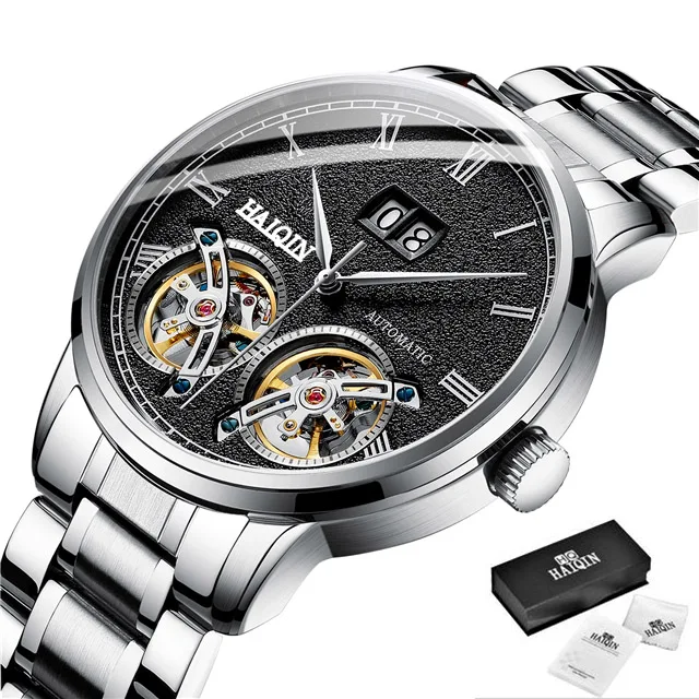 S-Silver black Мужские часы HAIQIN, новинка, Повседневная мода, автоматическая техника, наручные часы для мужчин, лучший бренд, роскошные Tourbillon часы, Relogio Masculino - Цвет: S-Silver black