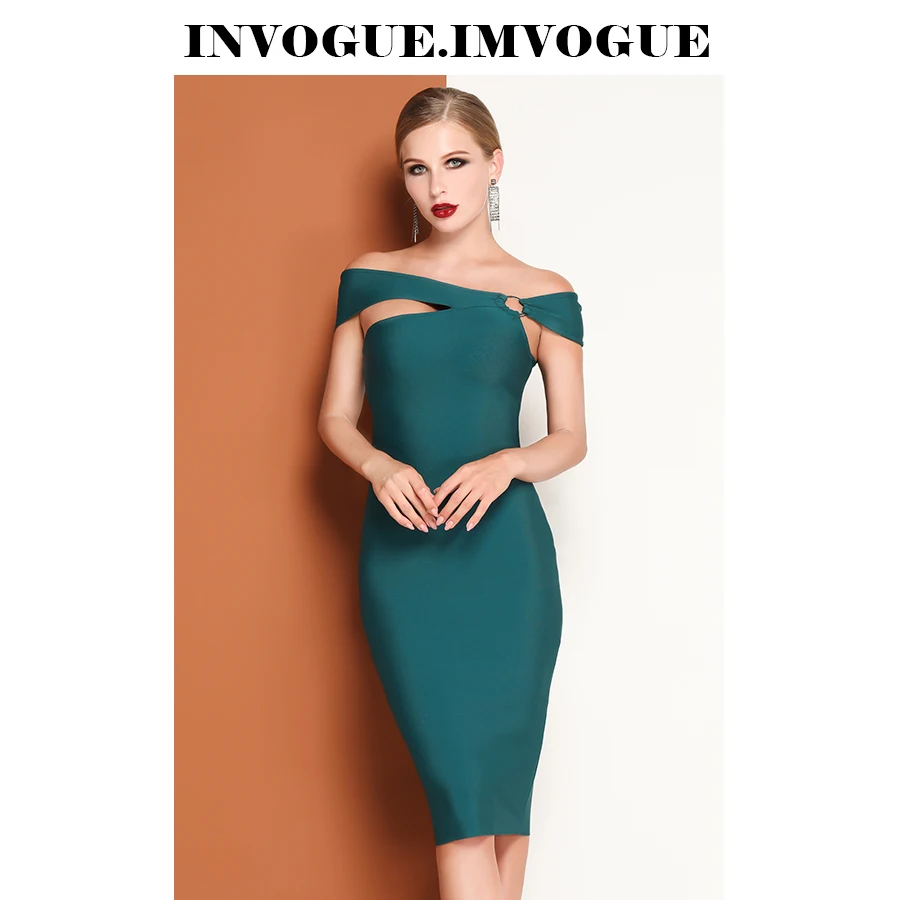INVOGUE. Женское облегающее платье с открытыми плечами IMVOGUE однотонное до колена