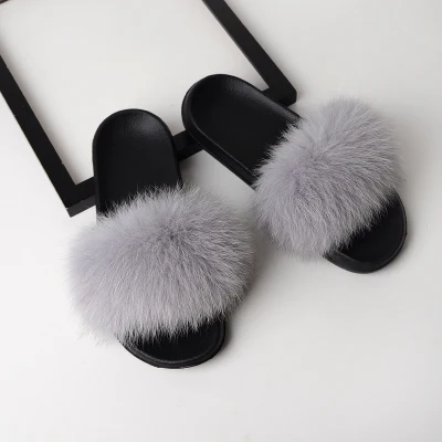 ZDFURS* ; тапочки с натуральным лисьим мехом; женские модные шлепанцы; сезон весна-лето-осень; домашняя обувь на плоской подошве; пушистые удобные меховые вьетнамки - Цвет: 12