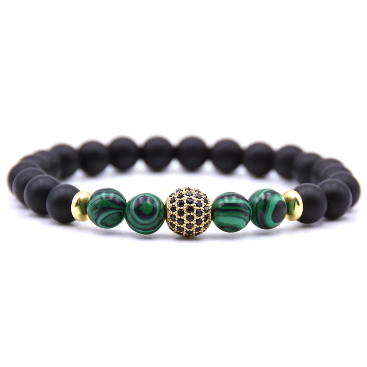 Fashion Male Women Beads Bangles Gold Cz Rhinestone Crystal Ball Elastic Natural Black Onyx Stone Bead Bracelets Jewelry Pulsera