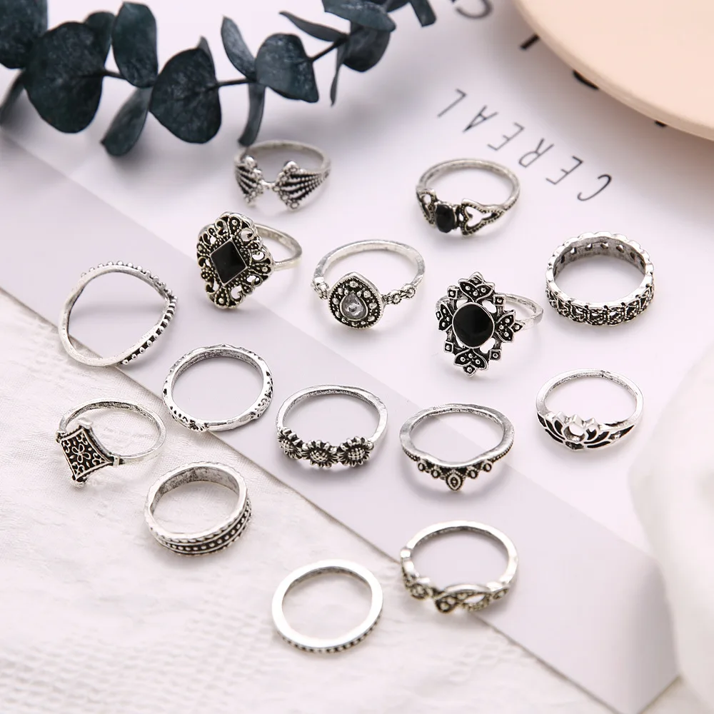 Набор колец в богемном ретро-стиле 15 шт./компл. с кристаллами цветочными листьями