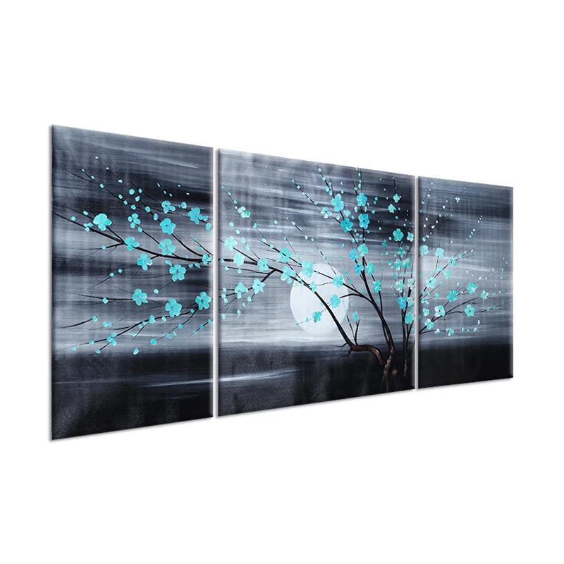 

3Pcs/Lot Pure Hand Painted Triptych Blue Tree Flower Blossom Oil Painting On Canvas Decorative Wall Pictures Home Decor