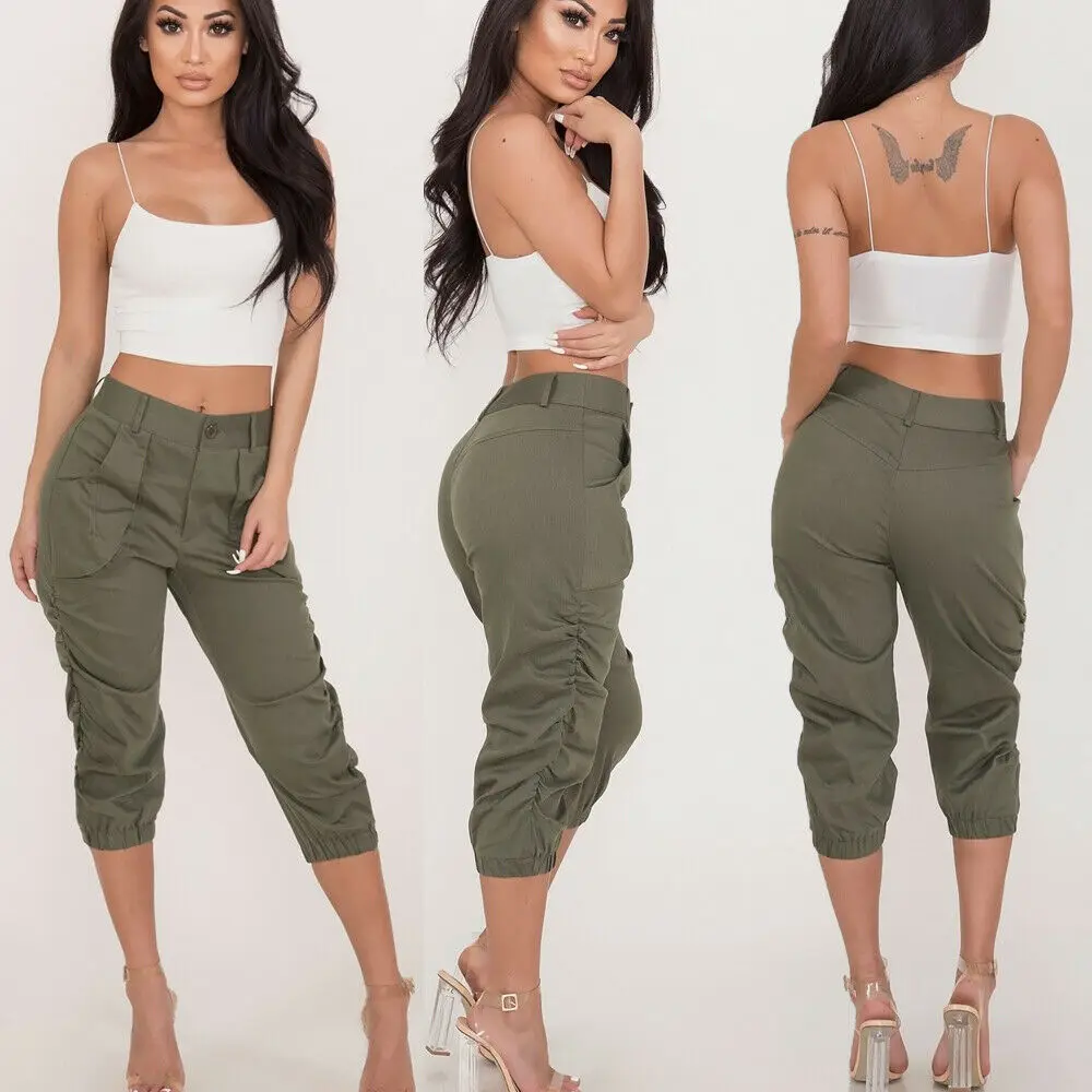 Casual Harem Trousers Women 3/4 Crop Capri High Waist Stretch Skinny Slim Elastic Pleated Summer | Женская одежда