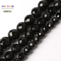 natural genuine faceted black tourmaline stone round loose beads for jewelry making diy bracelet necklace 15 6mm 8mm 10mm