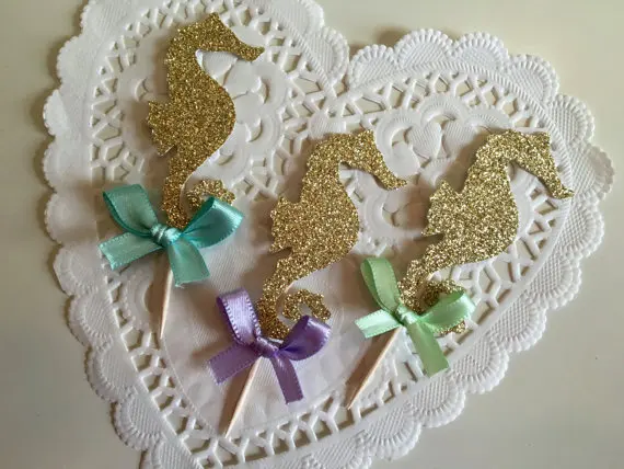 

glitter Aqua Gold Lavender Seahorse Cupcake Toppers Under the Sea birthday bachelor party wedding baby bridal shower toothpicks