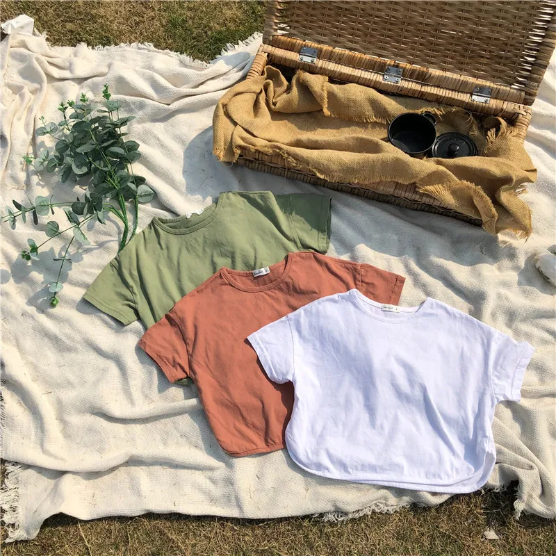 Однотонные футболки из чистого хлопка с коротким рукавом для девочек детские