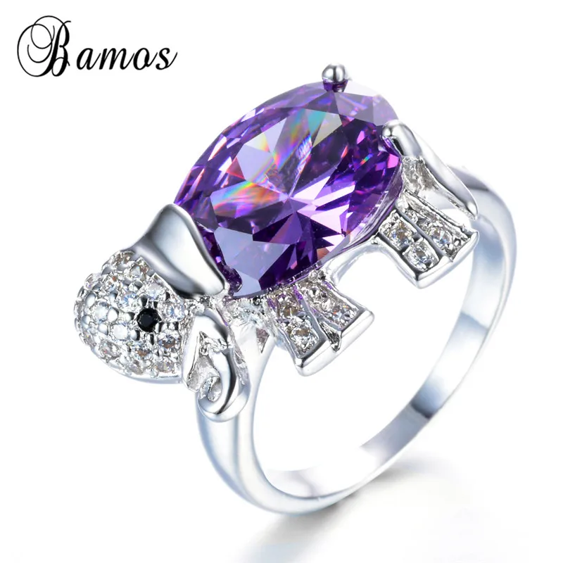 Bamos Charming Purple Birthstone Jewelry Sets Lovely Elephant Hoop Earrings/Ring/Necklace Silver Color Animal Pendants Gift | Украшения и