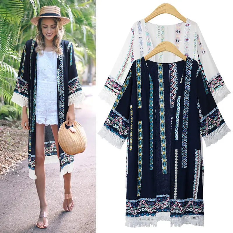 

6XL Bohemian Style 2020 Summer Long Cardigan Large size sun protection clothing Casual Boho Tassel Ladies Shirts Women Tops V767