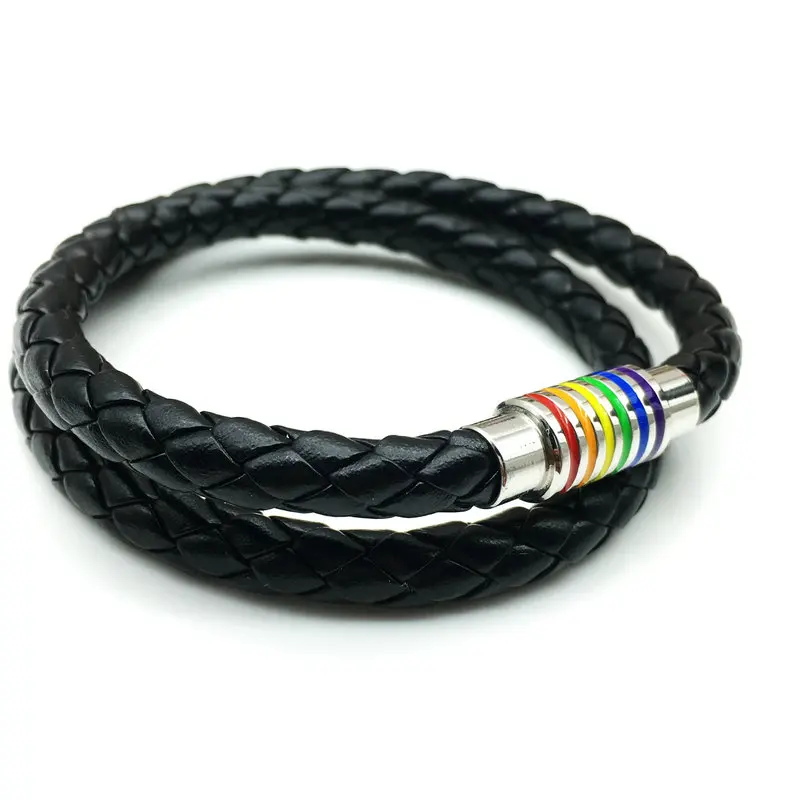 Новая мода из нержавеющей стали Магнит пряжка радуга кожаный браслет 2 круга