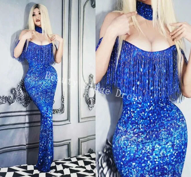 Flashing Sequins Blue Tassels Long Dress Female Singer Nightclub Bar Host Show Stage Costume Models Catwalk Elastic Skinny |