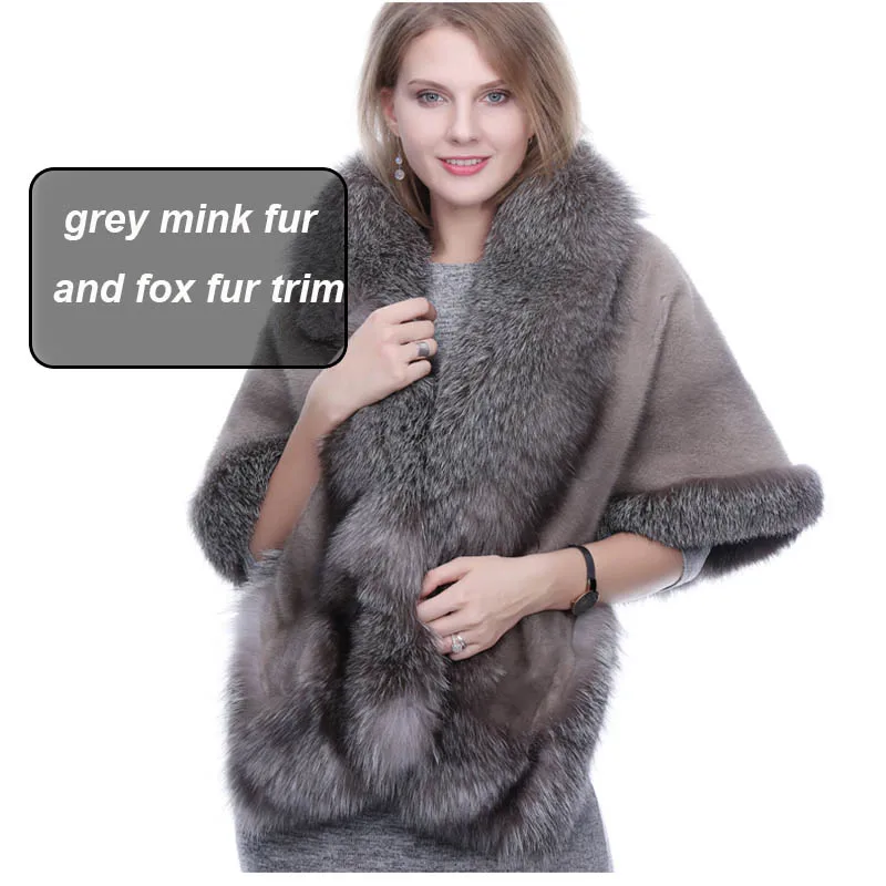 grey MS. MinShu, норковая шаль, Лисий мех, отделка, зима, для женщин, натуральный мех, Модное пончо, Лисий мех, отделка, накидка, зимняя накидка для женщин - Цвет: grey