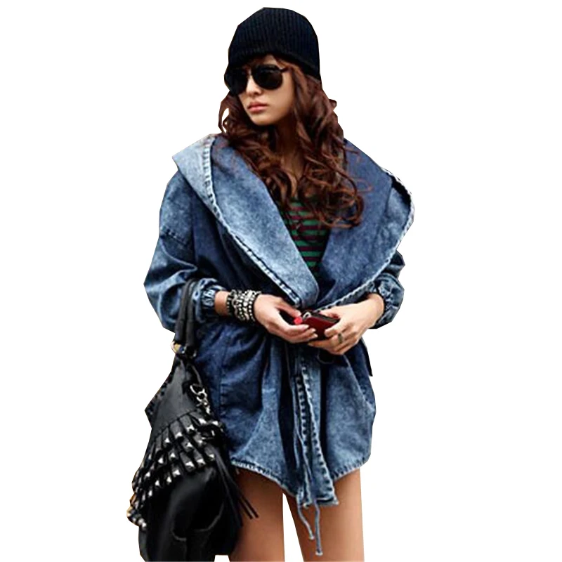 Женская джинсовая куртка с ремнем Стильная неправильной формы большим капюшоном