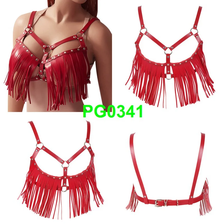 Boho кисточкой красные кожаные обвязка для тела Связывание выдалбливают сексуальное женское белье Эластичный отрегулировать Топы корректирующие панк готич