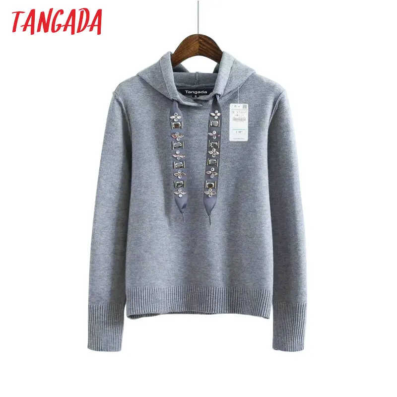Tangada серая толстовка толстовка с капюшоном худи с капюшоном теплое худи теплая толстовка вязаная толстовка кофта с капюшоном толстовка со стразами зимний свитер осенний свитер RY11