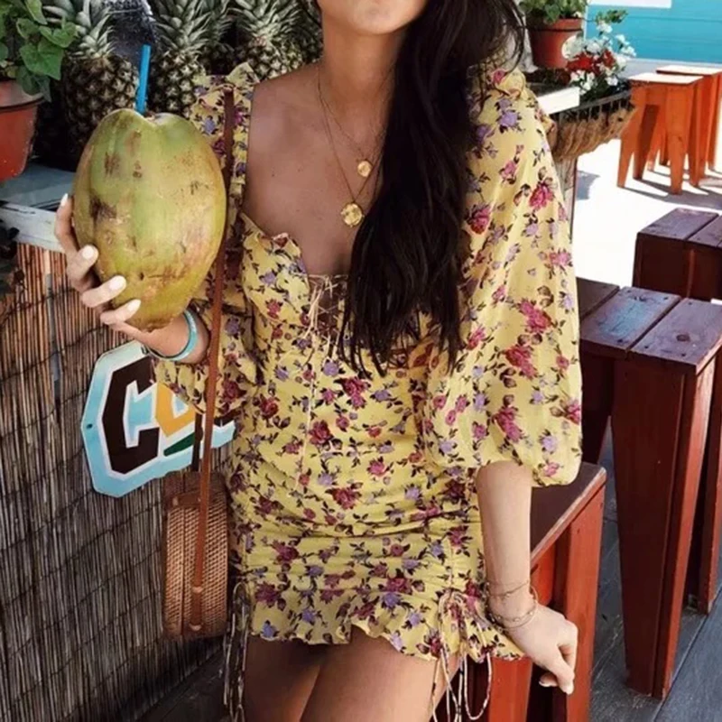 Шикарное шифоновое тонкое платье с цветочным принтом для женщин 2019 летнее рюшами