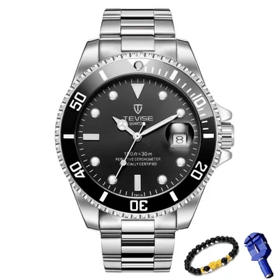 Black SilverSteel TEVISE, модные мужские часы, Топ бренд, роскошные повседневные кварцевые часы, мужские водонепроницаемые спортивные часы из нержавеющей стали, Relogio Masculino - Цвет: Black SilverSteel
