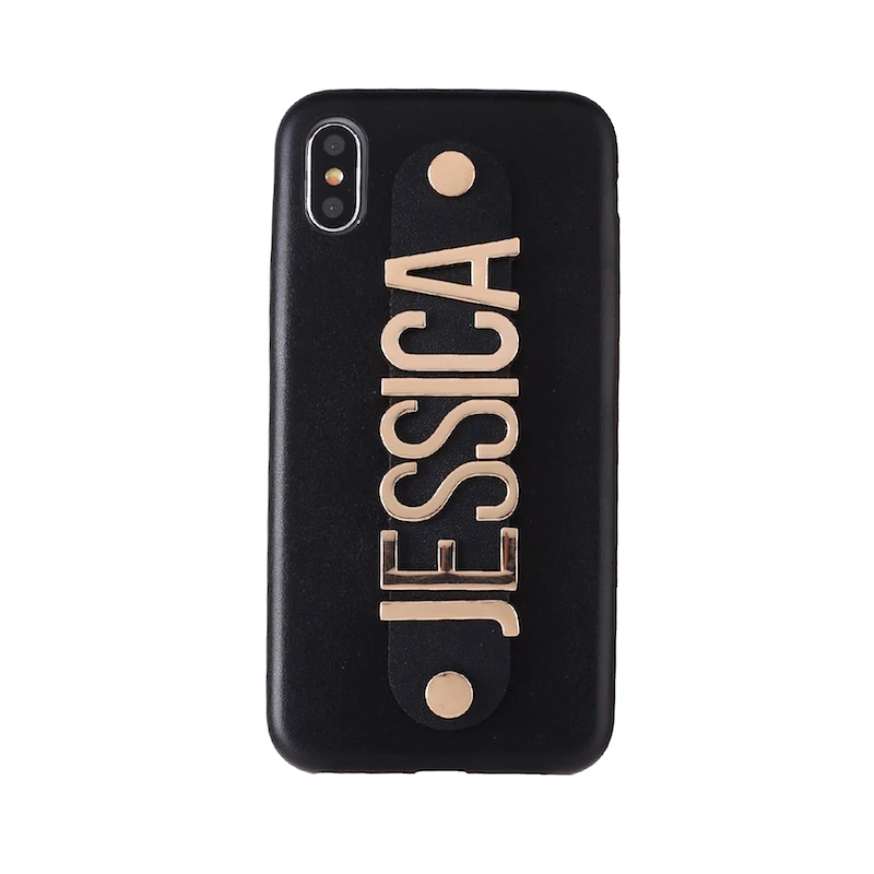 Black Leather Case Настоящая кожа Золотой Металл роскошный смелый пользовательский набор текста на телефоне чехол Coque Funda для iPhone 11 Pro Max 6S XS Max XR 7 7Plus 8 8Plus X - Цвет: Black Leather Case