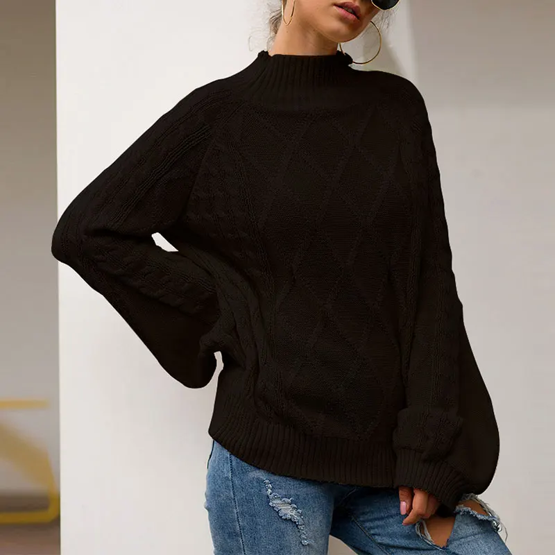NLW Turtleneck Black Sweater Women Winter Oversized Knitted Sweater Jumper Fall Casual Lantern Sleeve Vintage Sueter Mujer