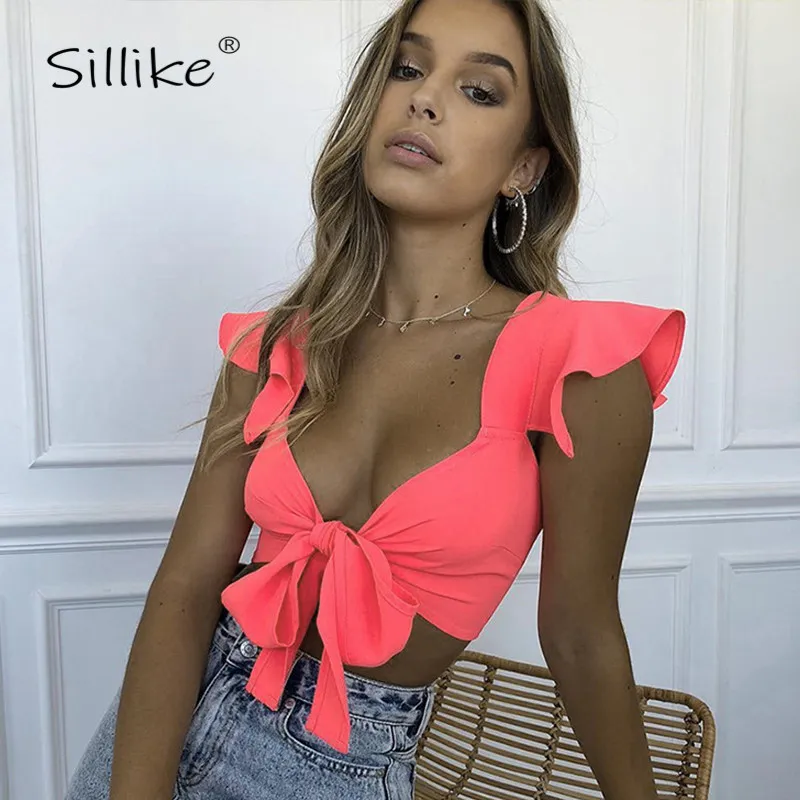 SILLIKE Сексуальная V шеи бинты укороченный топ Для женщин летние с бантиком и без рукавов Повседневное майка розовые модные уличные футболки
