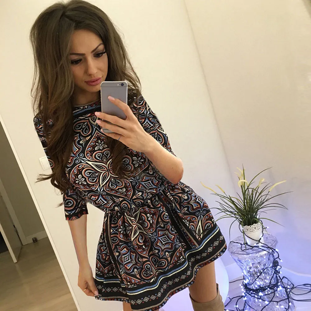 2019 Women Retro Bohemia Short Sleeve Flower Printed Casual Ethnic Style Vintage Multicolor Ball Gown Mini Dress | Женская одежда