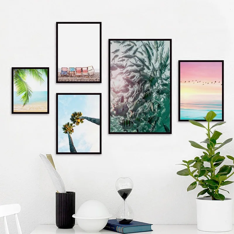 

Nordic Modern Posters Hawaii Beach Ocean Fish Coconut Tree Canvas Paintings Wall Art Poster Unframed Seascape Decorative Prints