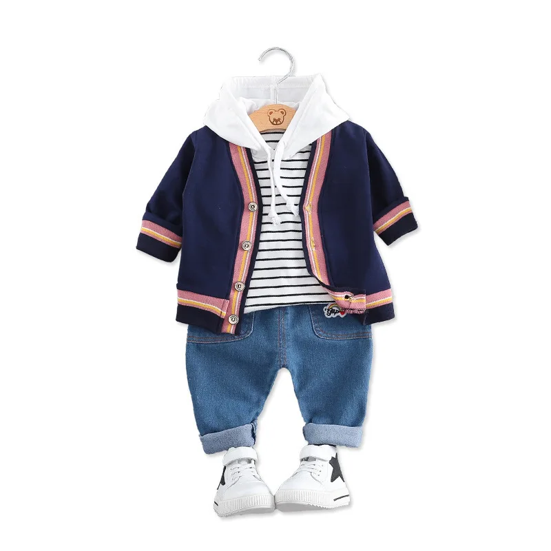 Toddler Boys Spring Autumn Clothing Set Fashion Cotton Striped Hooded Long Sleeve T-shirt+warm Coat+denim Pants 3pcs
