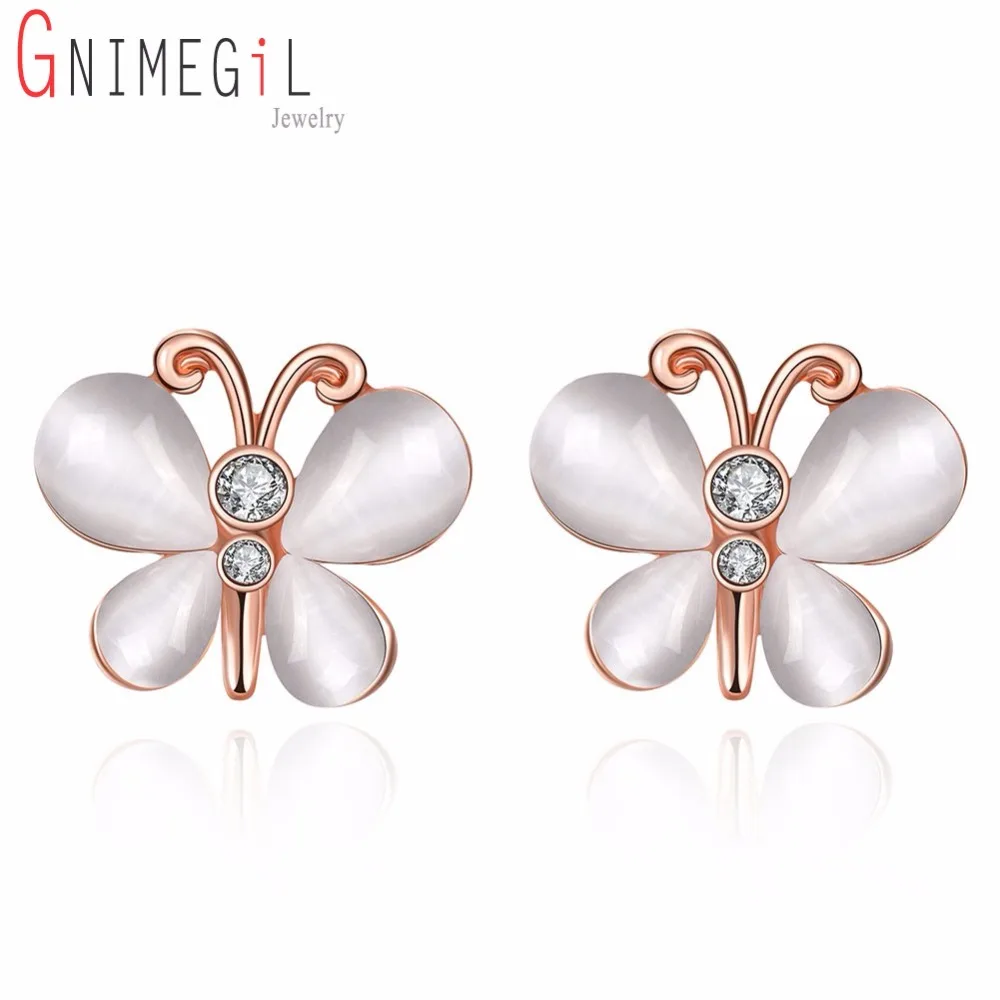 GNIMEGIL новые серьги гвоздики с бабочкой цвета розового золота опал Белый Камень