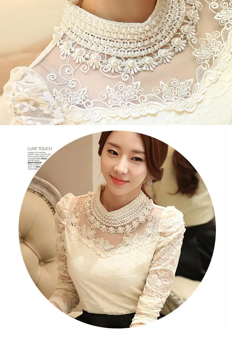 Elegant long-sleeved beaded women's lace shirt crochet shirt mesh shirt women's clothing S-5XL