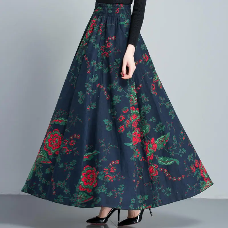 Весенне-осенняя Длинная женская юбка Vestidos, Повседневная тонкая хлопковая льняная юбка с принтом размера плюс, юбка макси, элегантные винтажные юбки с карманами Q629