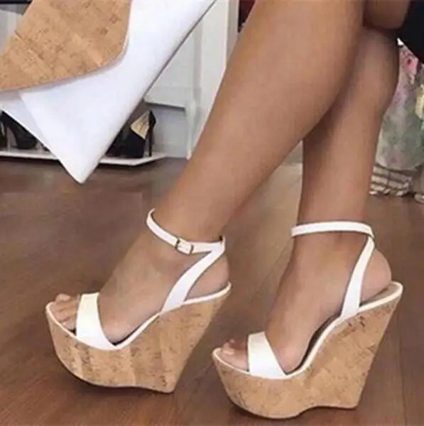 

Customized White Yellow Leather Open Toe Platform Wedge Sandal Woman Cutout Super High Ankle Strap Gladiator Shoes Summer Heels