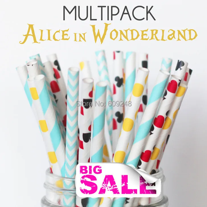 100pcs Mixed Colors ALICE IN WONDERLAND Paper Straws,Chevron,Dot,Vintage,Deck of Cards,Casino,Heart,Birthday,Party Straws