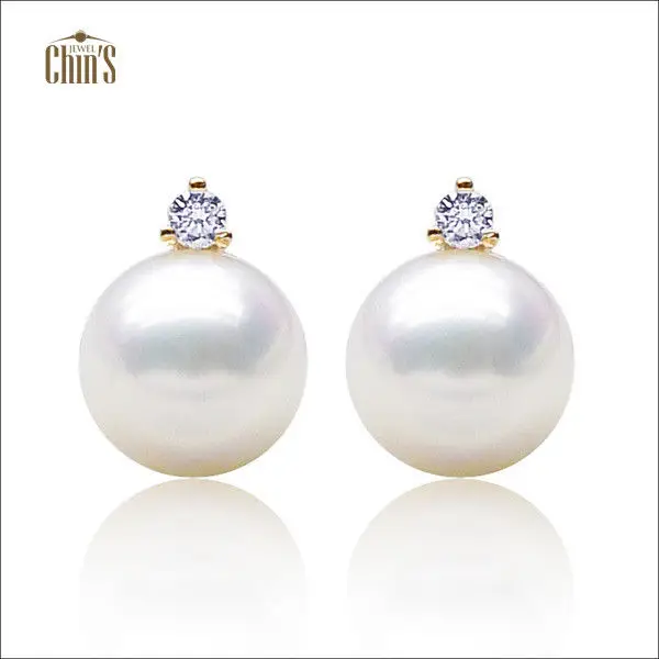 

8.5-9mm AAA Natural White Real Akoya Pearl Diamond Stud Earrings 18k Yellow Gold