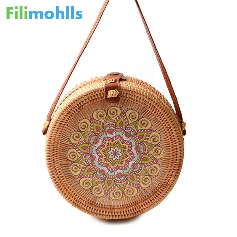 

2022 New Bali Island Hand Woven Flower Bag Round Bag buckle Rattan Straw Bags Satchel Wind Bohemia Beach Circle Bag S18503