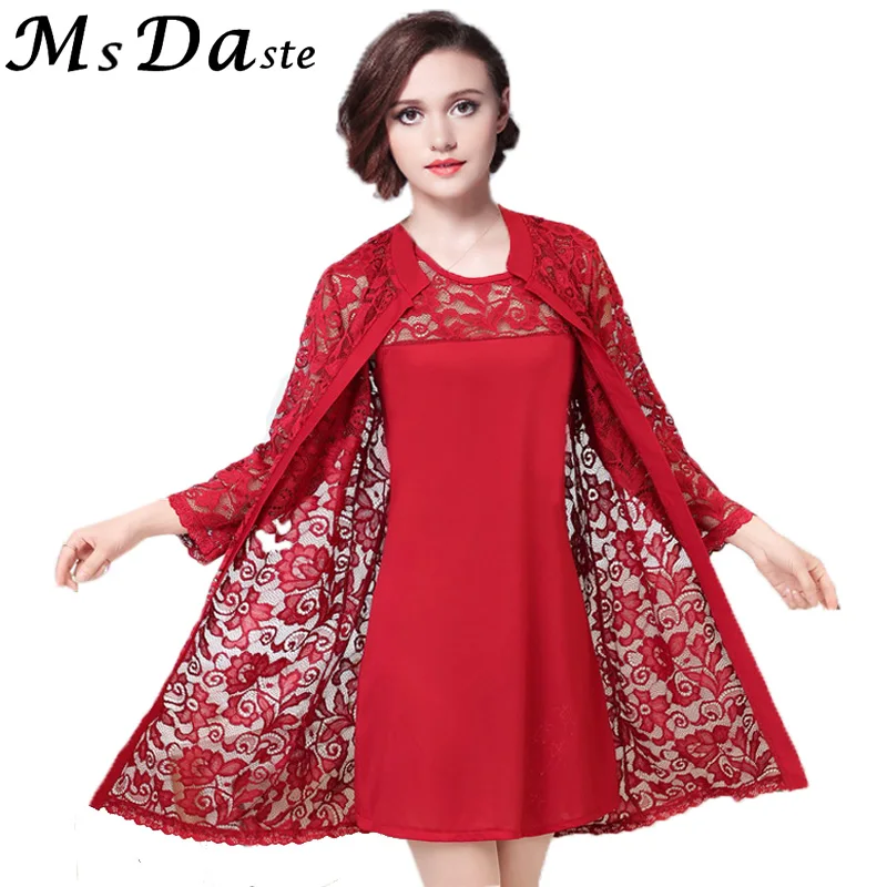 

Lace Dresses 2018 Spring Set 2 Pieces Women Dress: Lace Outwear+tank Dress Casual Lady Tunics Female Vestidos Robe Femme XL~4XL