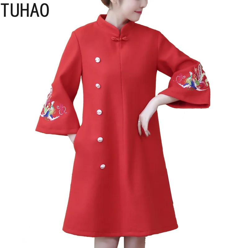 TUHAO размера плюс 5XL 4XL винтажные платья в китайском стиле с вышивкой животных с расклешенными рукавами зимние красные вечерние шерстяные платья ZMSP