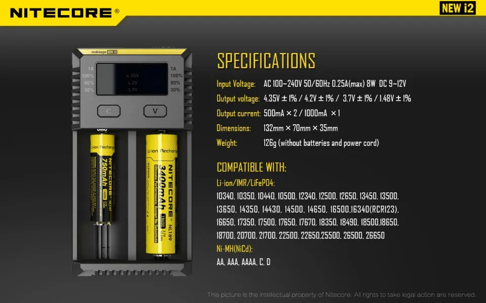 NITECORE NEWI2 цифровой ЖК-дисплей интеллектуальная схема Li-Ion для 16340 14500 18650 18750 26650 зарядное устройство для аккумулятора 3,7 в carregador