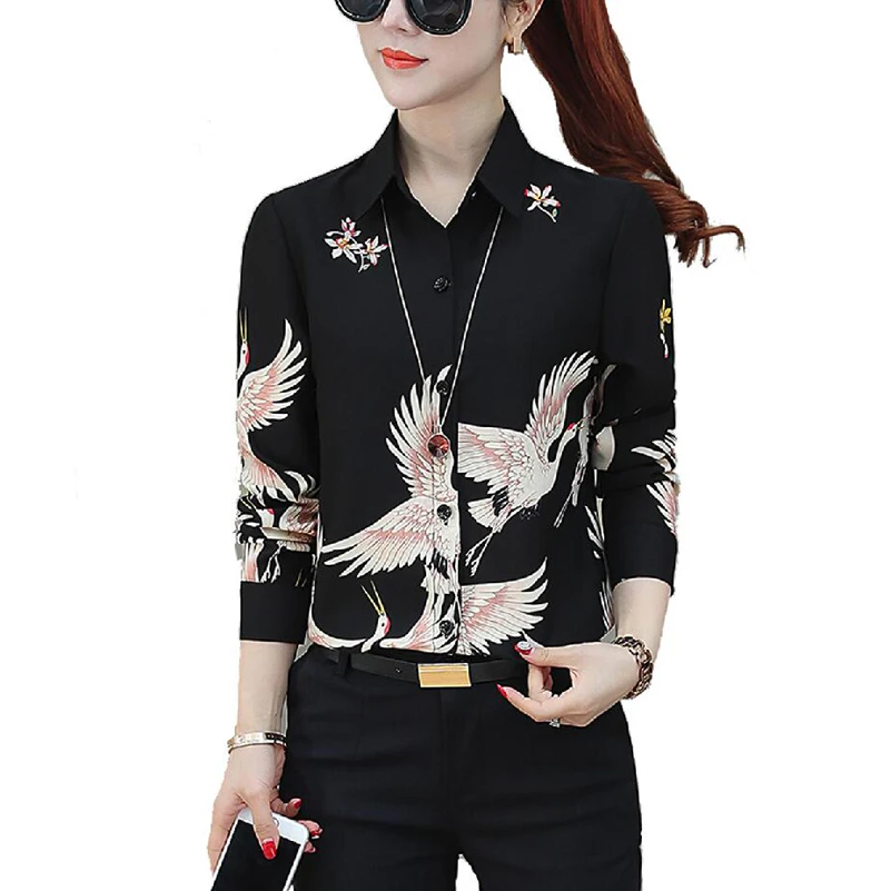 Женская шифоновая блузка с принтом Журавля черная длинным рукавом рабочая