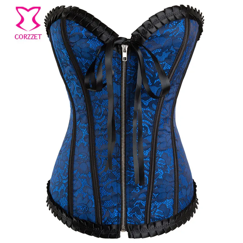 Синий/черный цветочный жаккардовый корсет сексуальный готический бюстье топ